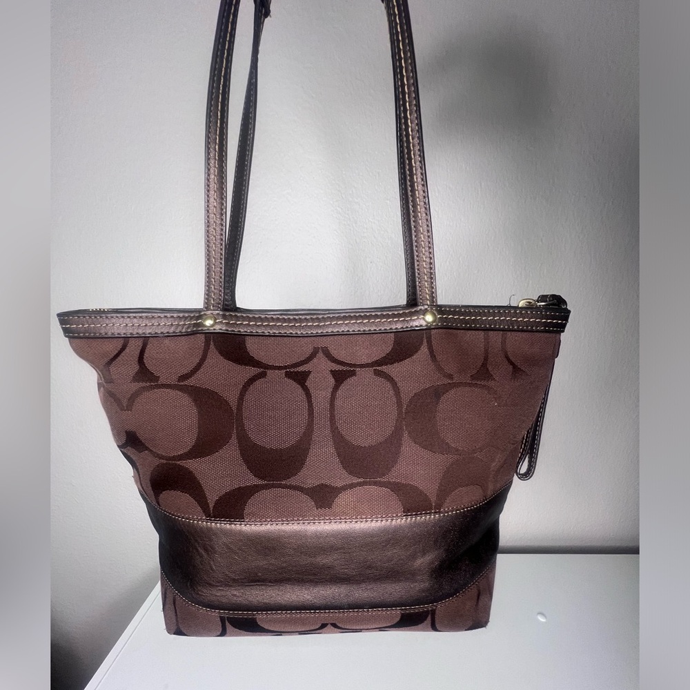 Coach signature striped tote